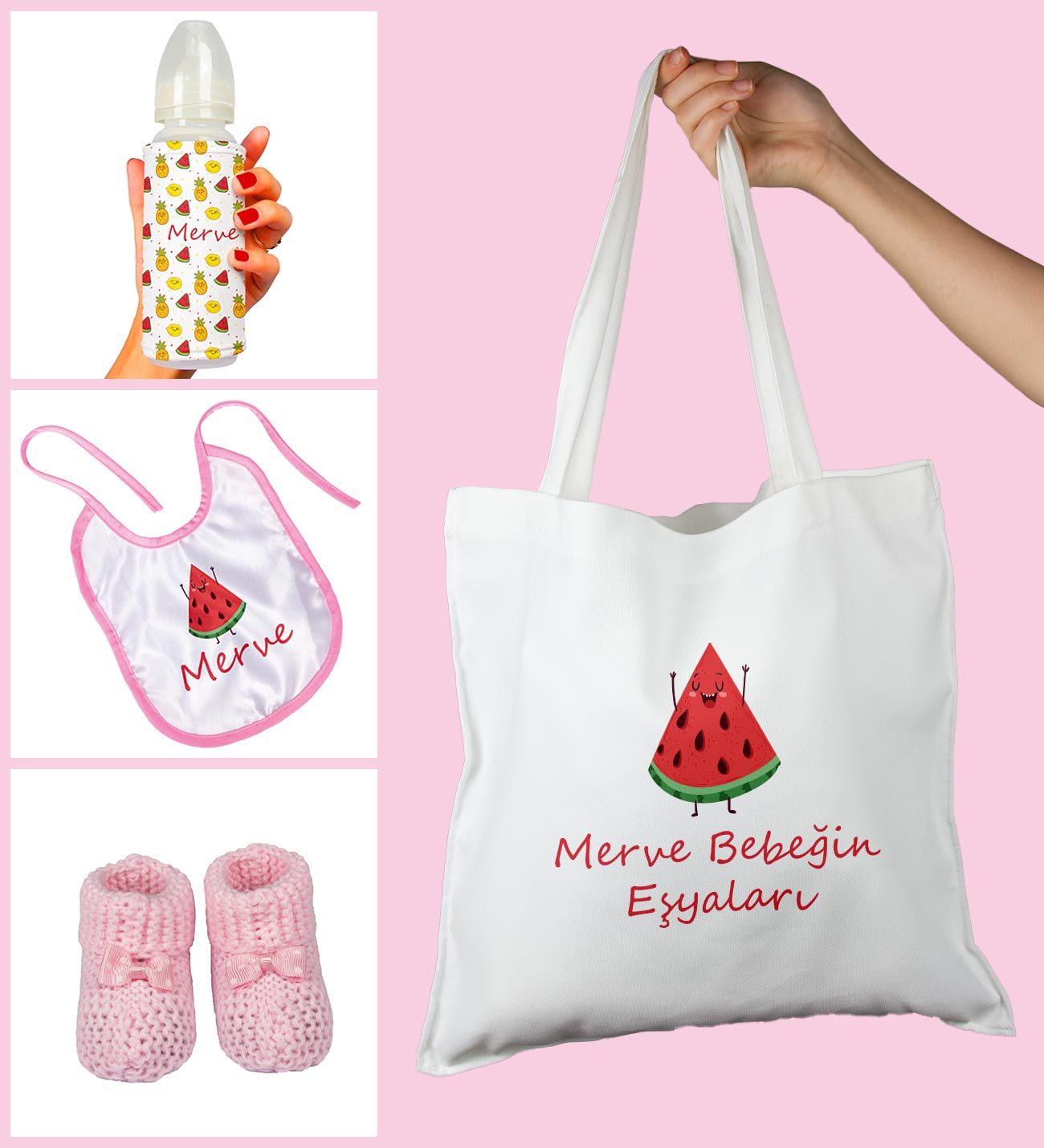 eJOYA Bebeklere Özel Çantasında Kişiye Özel Biberon Önlük Ve Patik Bebek Hediye Seti 109809