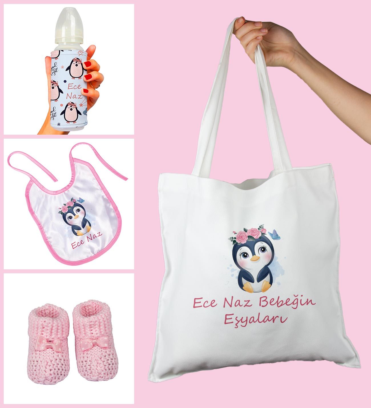 eJOYA Bebeklere Özel Çantasında Kişiye Özel Biberon Önlük Ve Patik Bebek Hediye Seti 109818