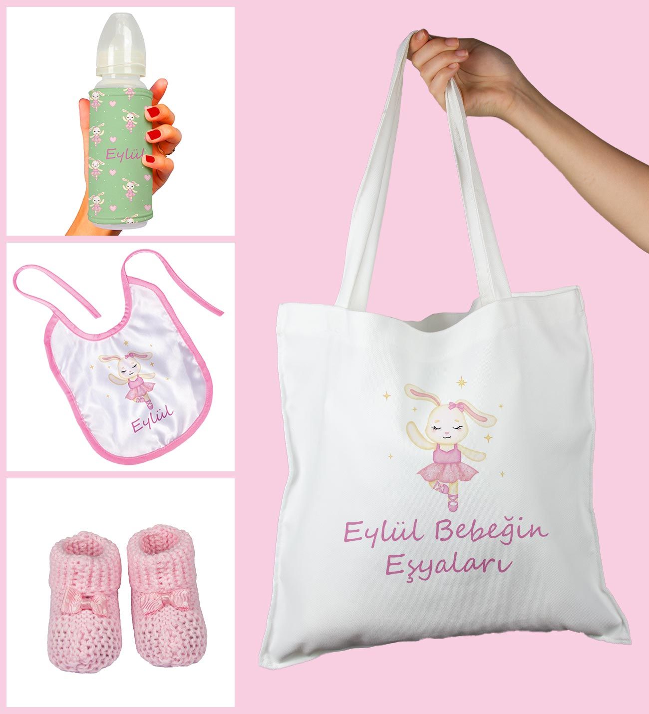 eJOYA Bebeklere Özel Çantasında Kişiye Özel Biberon Önlük Ve Patik Bebek Hediye Seti 109820