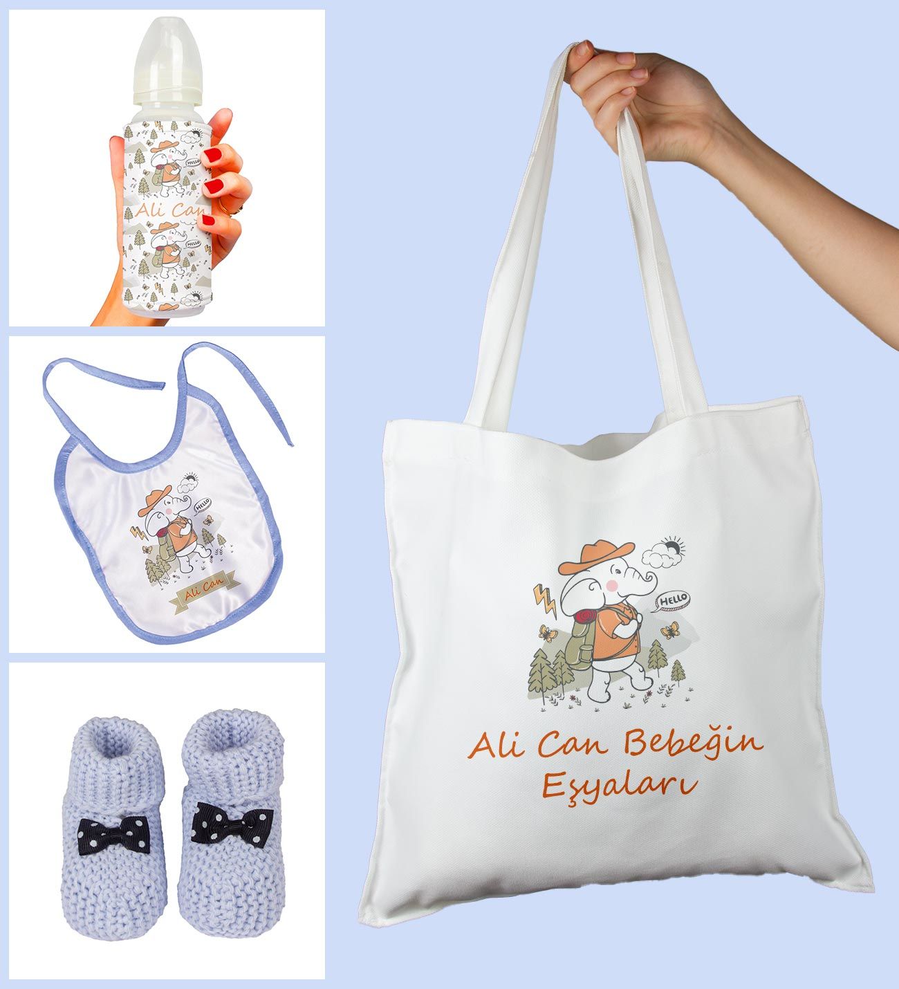 eJOYA Bebeklere Özel Çantasında Kişiye Özel Biberon Önlük Ve Patik Bebek Hediye Seti 109821