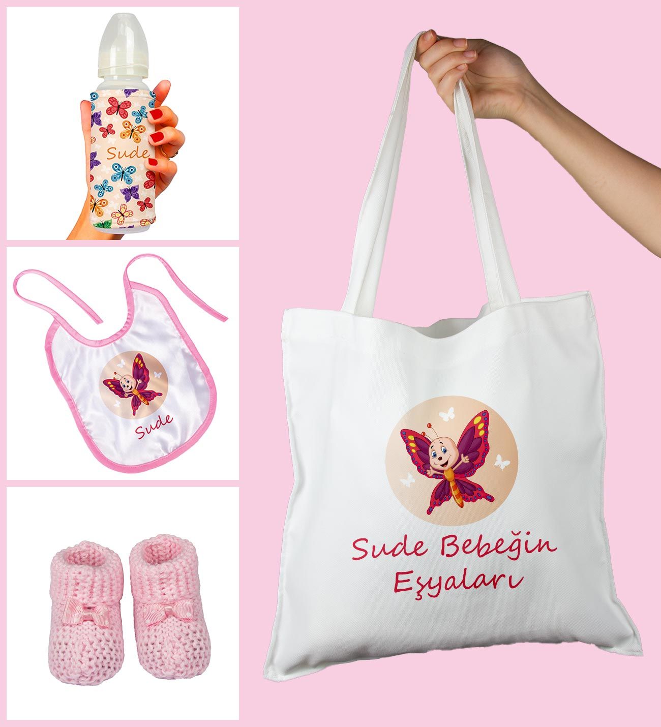 eJOYA Bebeklere Özel Çantasında Kişiye Özel Biberon Önlük Ve Patik Bebek Hediye Seti 109823