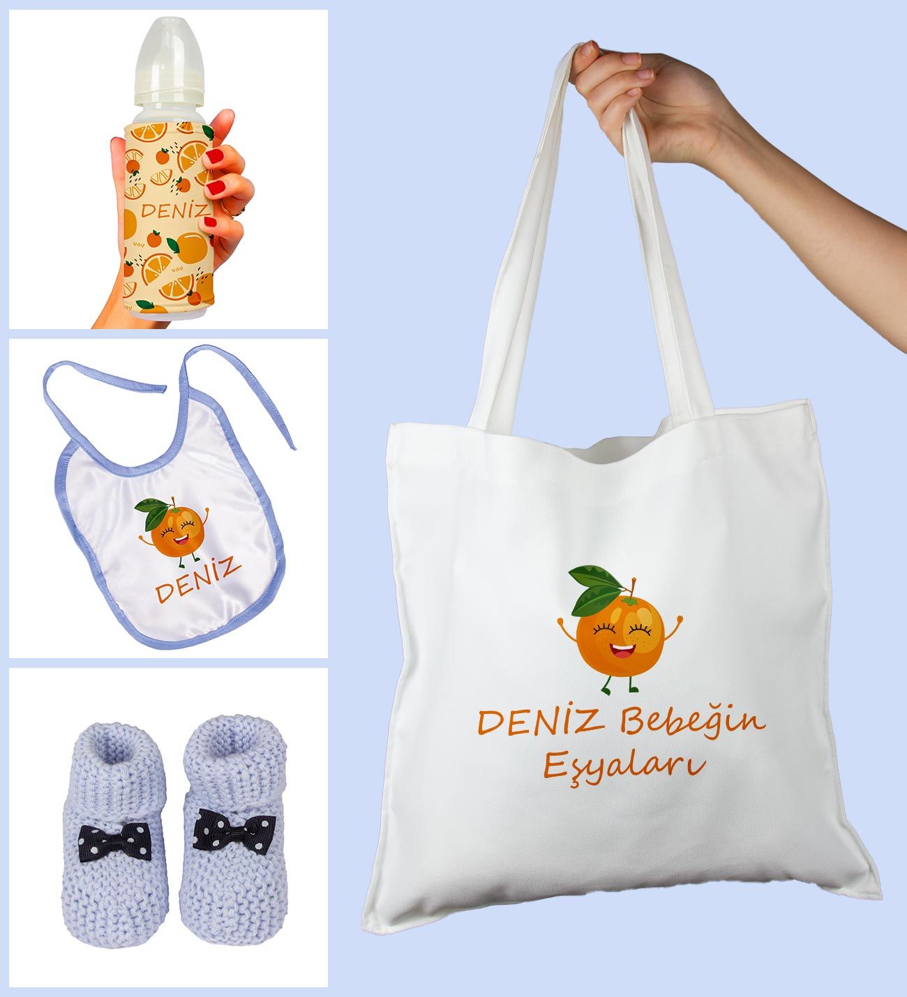 eJOYA Bebeklere Özel Çantasında Kişiye Özel Biberon Önlük Ve Patik Bebek Hediye Seti 109826
