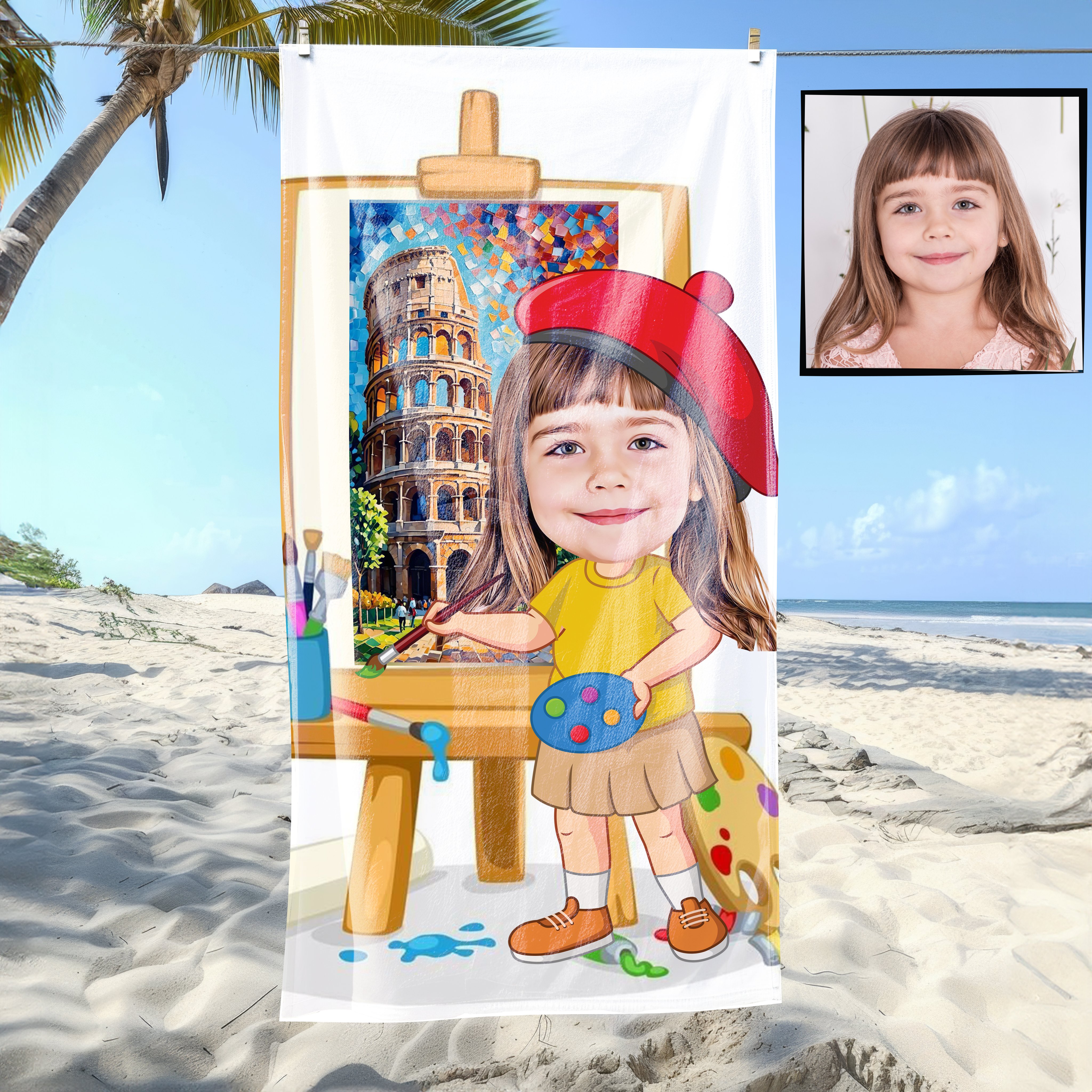 eJOYA Kişiye Özel Karikatür Fotoğraflı Ressam Bebek Plaj ve Banyo Havlusu 115821