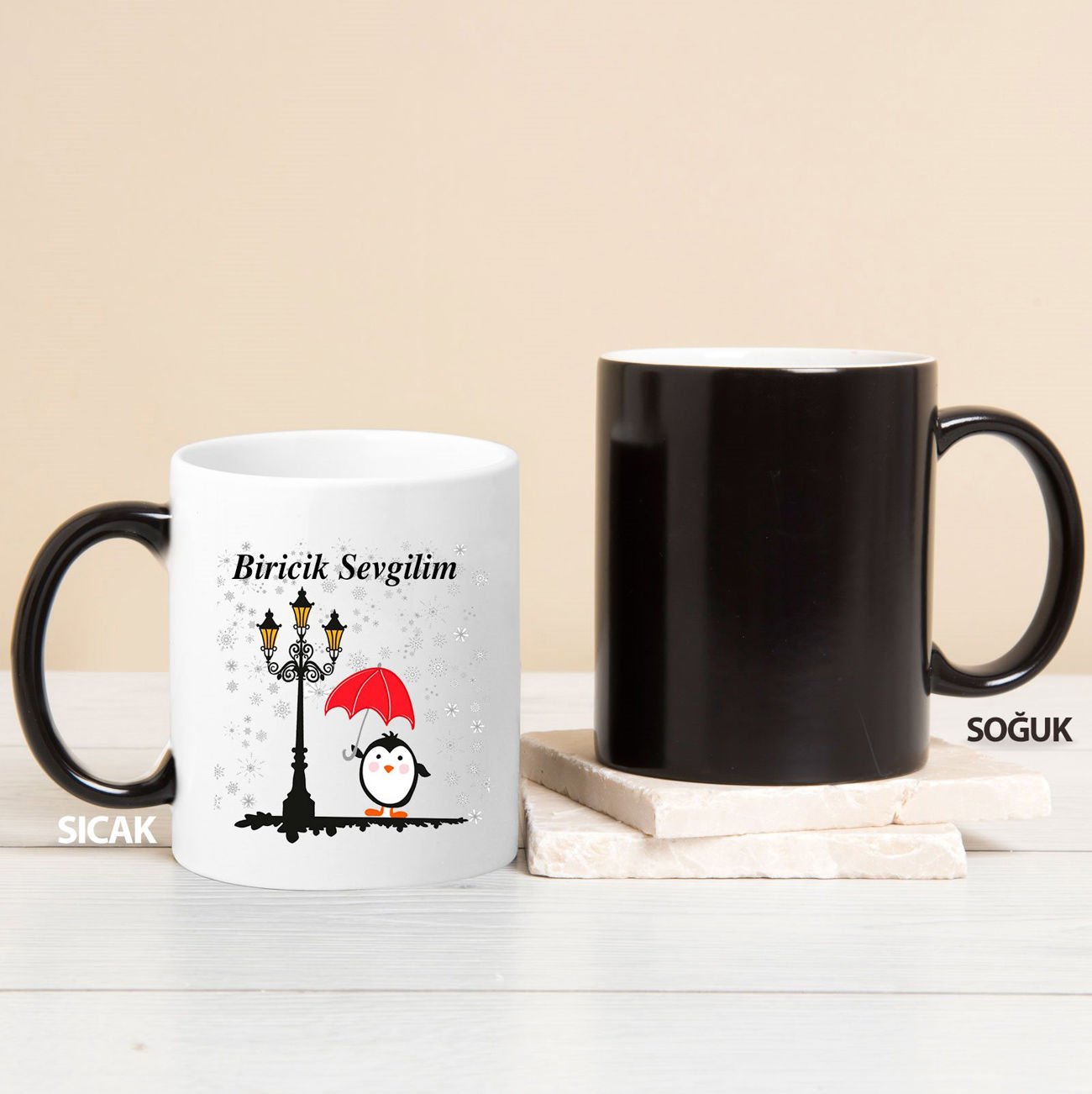 eJOYA Kişiye Özel Minik Penguenle Aşkıma Mesajlı Sihirli Kupa Bardak 80220
