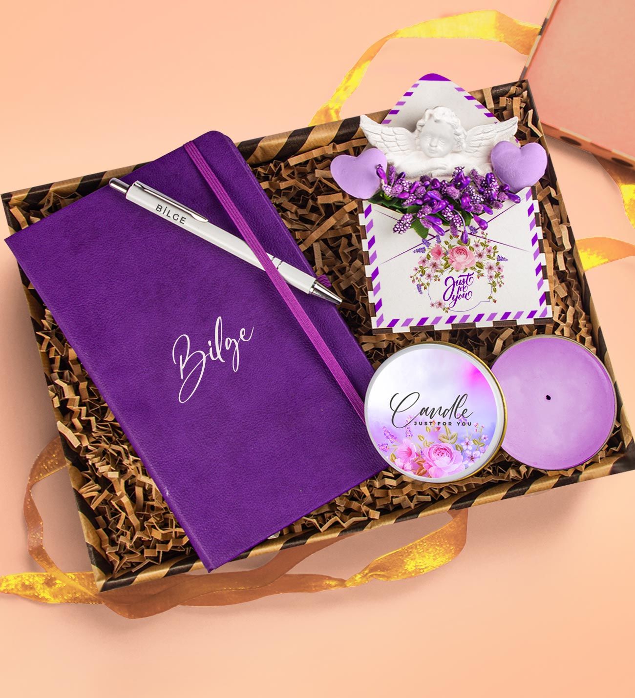 eJOYA Kişiye Özel Defter Kalem & Mum & Melekli Mektup Aranjmanı & Hediye Kutusu 112303