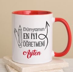eJOYA Kişiye Özel Dünyanın En İyi Öğretmeni Kırmızı Kulplu Kupa Bardak 80233