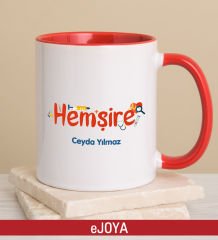eJOYA Kişiye Özel Hemşire Temalı Kırmızı Kulplu Kupa Bardak 80234