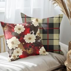 eJOYA Ekose Ve Çiçek Tasarımlı 2'li Yastık İçi Ve Kırlent Kılıfı 45cm 113633