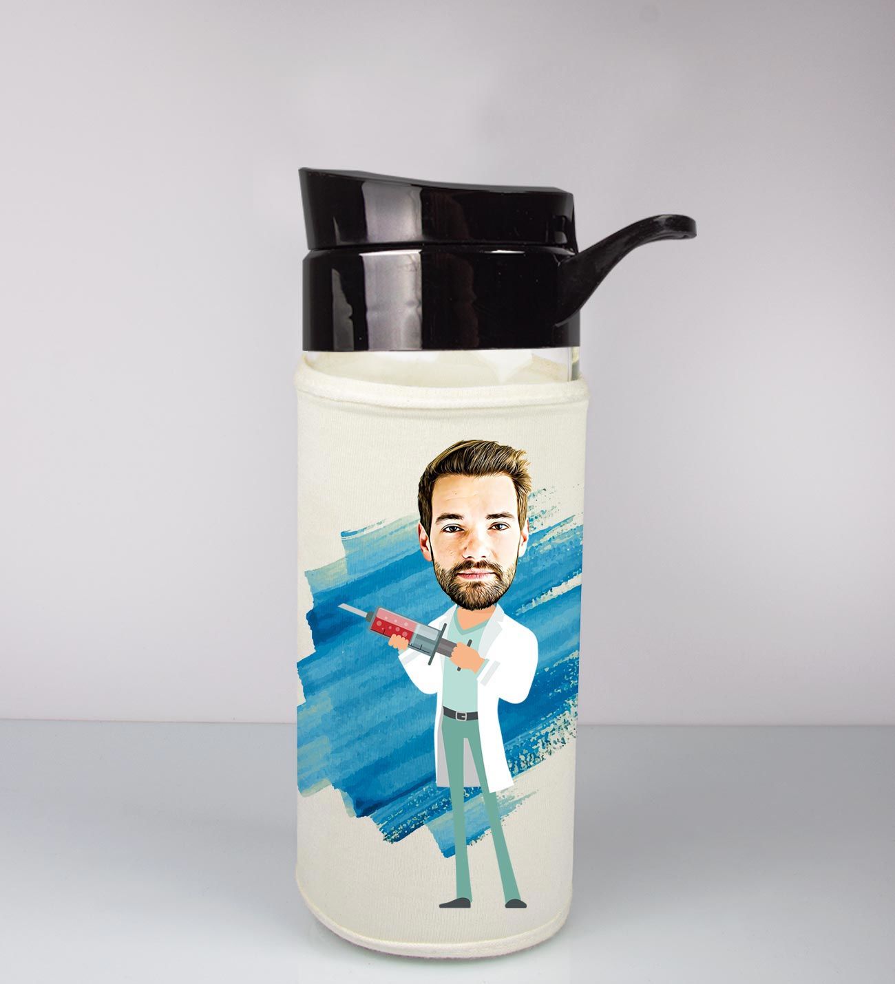 eJOYA Kişiye Özel Karikatür Tasarım Özel Koruma Kılıflı Cam Matara 96080