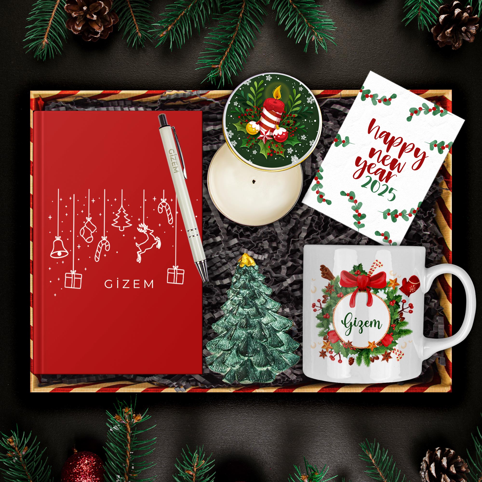 eJOYA Kişiye Özel Termo Deri Defter & Yılbaşı Ağacı Konsept Yeni Yıl Hediye Kutusu 112677