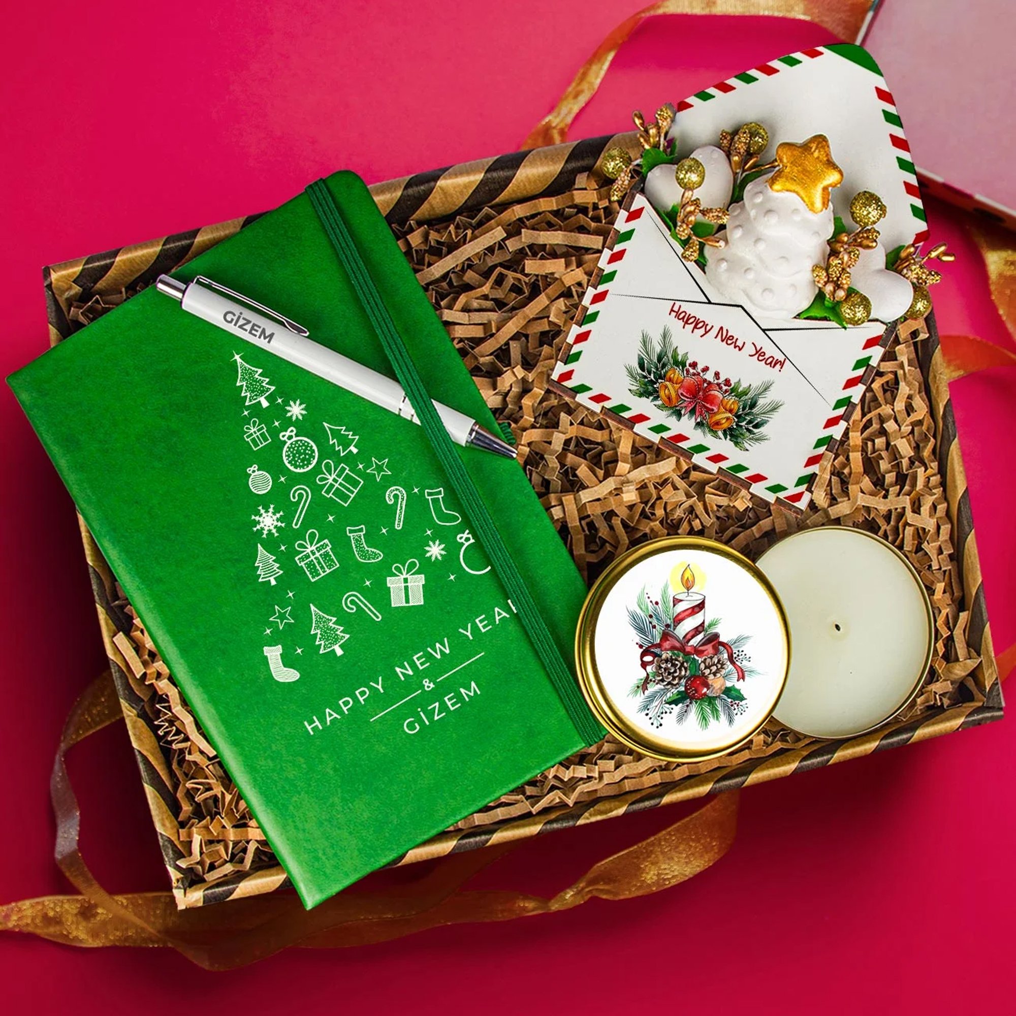 eJOYA Kişiye Özel Termo Deri Defter & Yılbaşı Ağacı Figürlü Mektup Aranjmanı Yeni Yıl Hediye Kutusu 112680