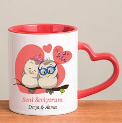 eJOYA Kişiye Özel Bird Lovers Kırmızı Kalp Kulplu Kupa Bardak 80285