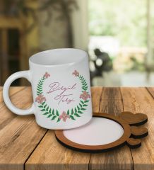 eJOYA Kişiye Özel Tasarım Kupa Bardak Ve Kalp Desenli Ahşap Bardak Altlığı 99645