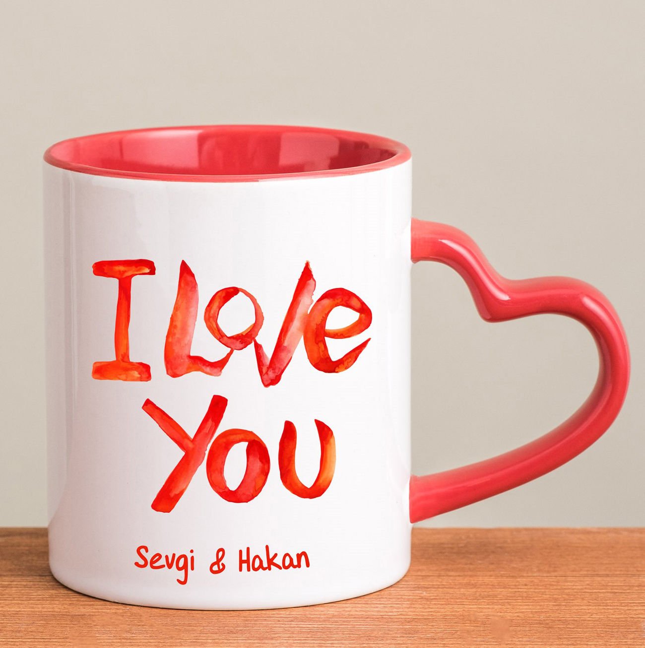 eJOYA Kişiye Özel I Love You Kırmızı Kalp Kulplu Kupa Bardak 80287