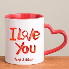 eJOYA Kişiye Özel I Love You Kırmızı Kalp Kulplu Kupa Bardak 80287