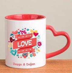 eJOYA Kişiye Özel Love Temalı Kırmızı Kalp Kulplu Kupa Bardak 80289