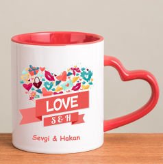 eJOYA Kişiye Özel Love Kırmızı Kalp Kulplu Kupa Bardak 80290