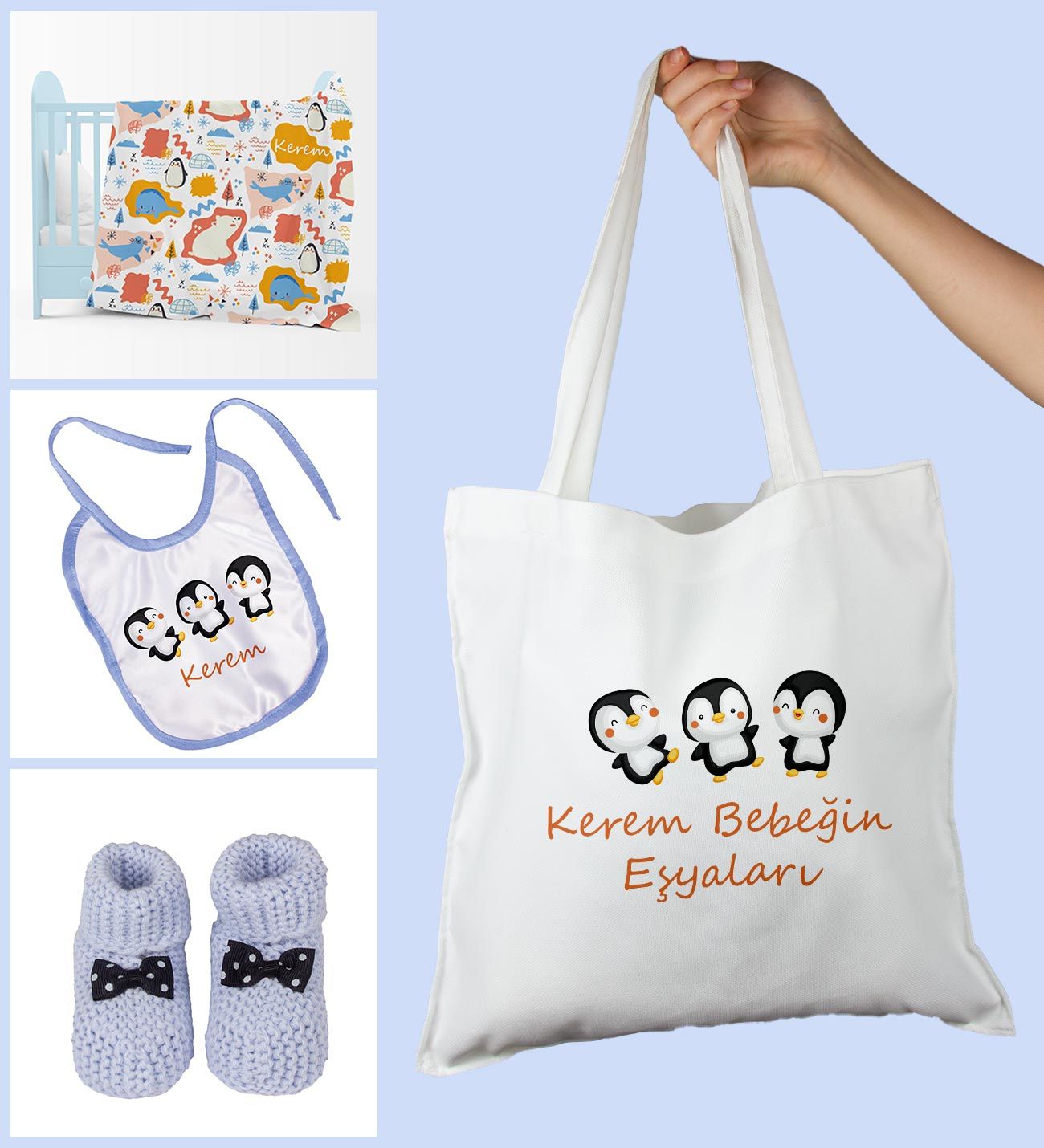 eJOYA Bebeklere Özel Çantasında Kişiye Özel Battaniye Önlük Ve Patik Bebek Hediye Seti 109889