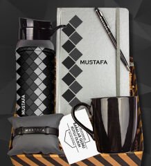 eJOYA Babalara Özel Tasarım Defter & Kalem & Matara & Siyah Kupa & Deri Bileklik Hediye Kutusu 112814