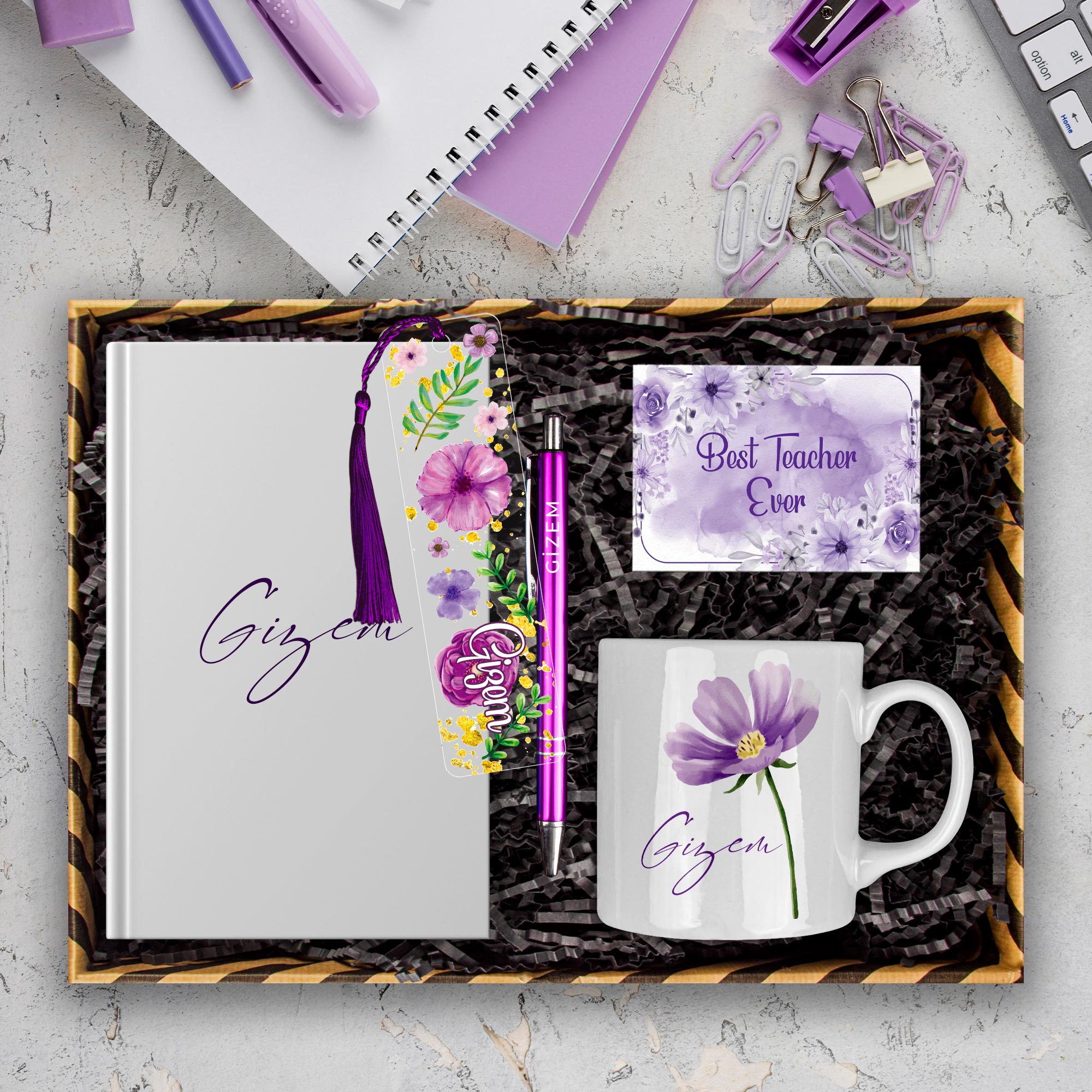 eJOYA Öğretmenlere Özel Tasarım Defter & Kalem & Kupa & Akrilik Kitap Ayracı Hediye Kutusu 114380