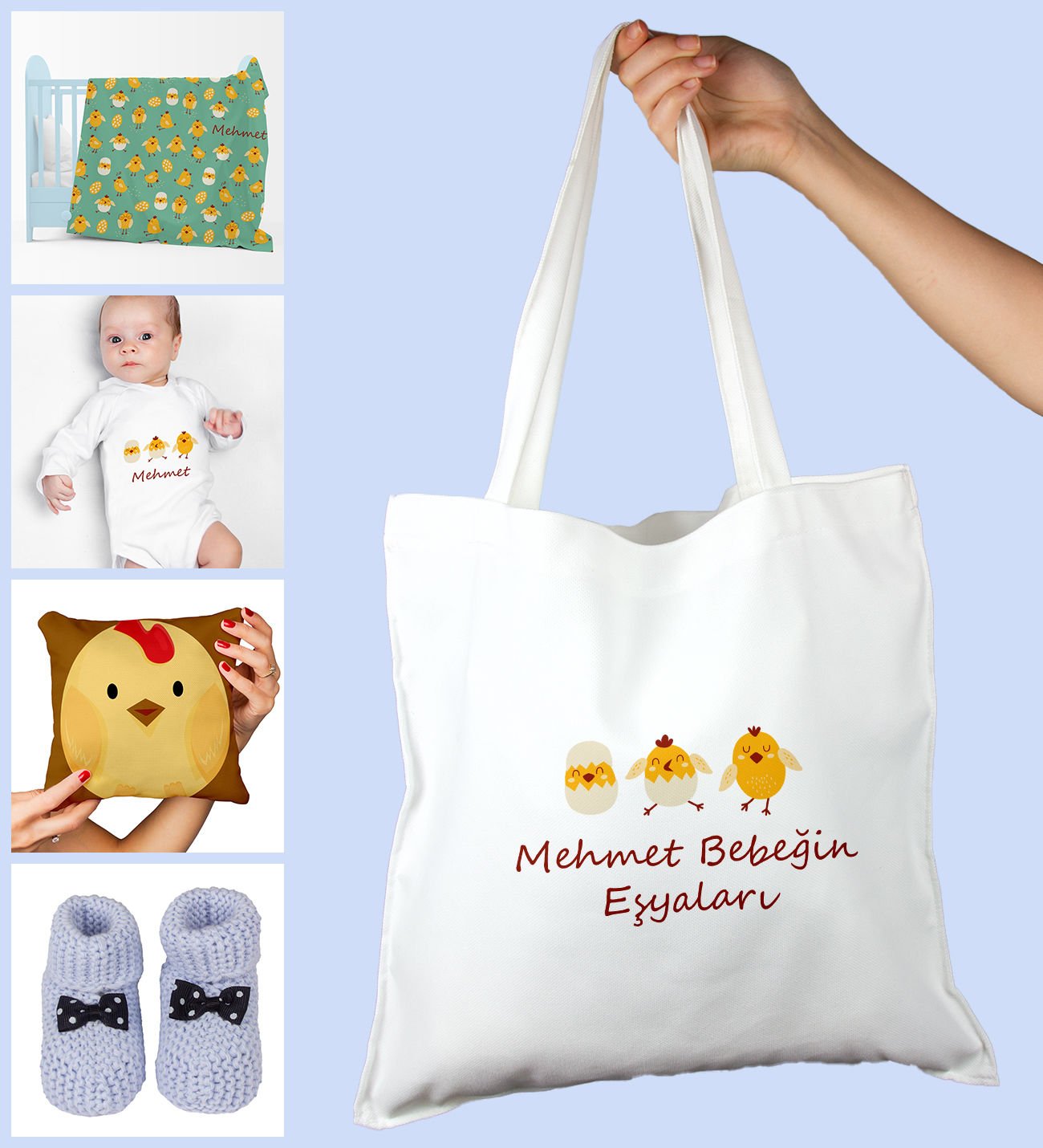 eJOYA Bebeklere Özel Çantasında Kişiye Özel Battaniye Zıbın Yastık Ve Patik Bebek Hediye Seti 109910