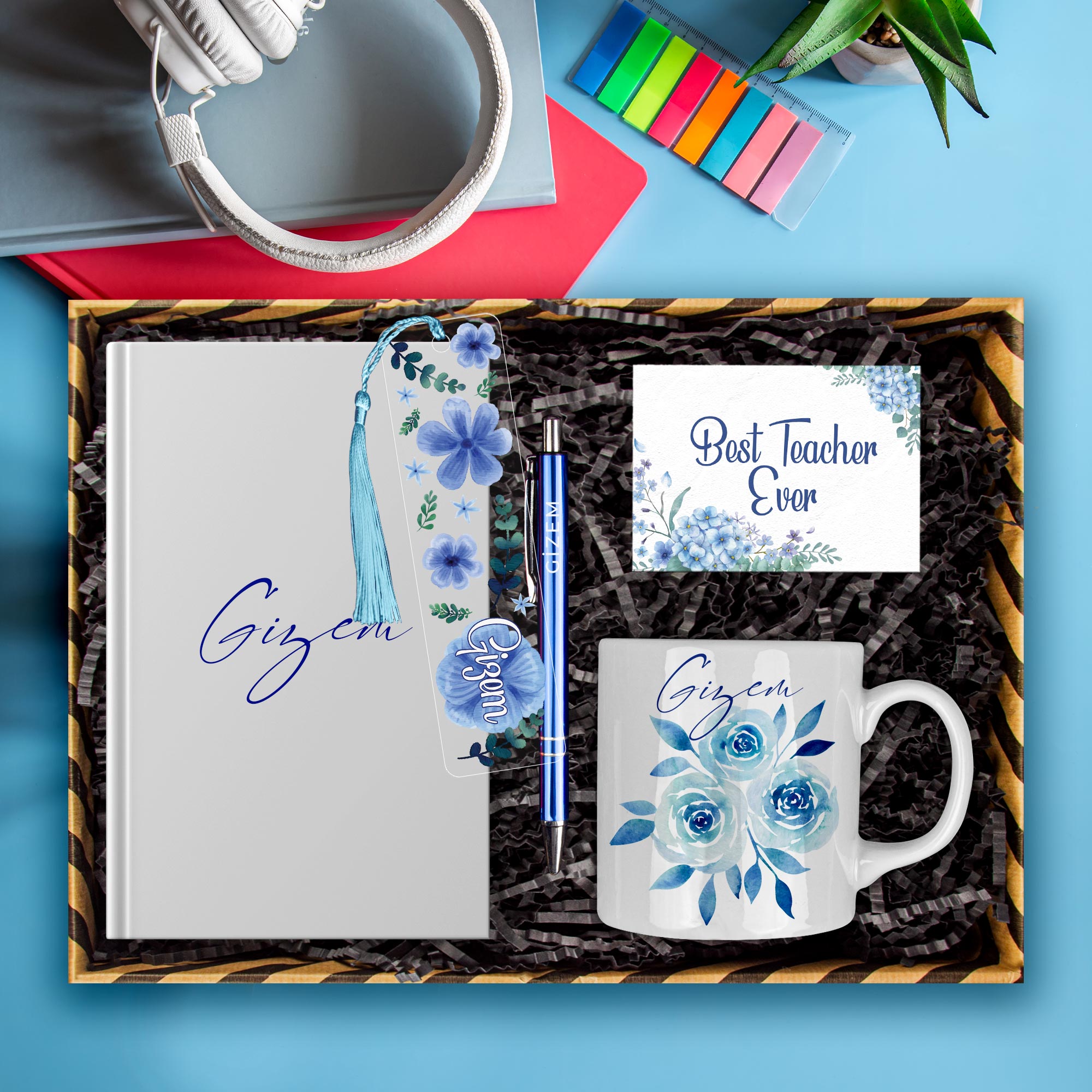 eJOYA Öğretmenlere Özel Tasarım Defter & Kalem & Kupa & Akrilik Kitap Ayracı Hediye Kutusu 114384