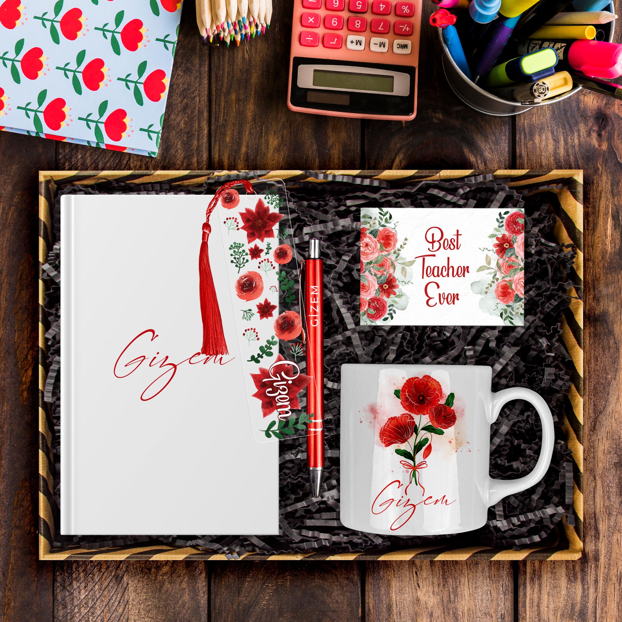 eJOYA Öğretmenlere Özel Tasarım Defter & Kalem & Kupa & Akrilik Kitap Ayracı Hediye Kutusu 114387