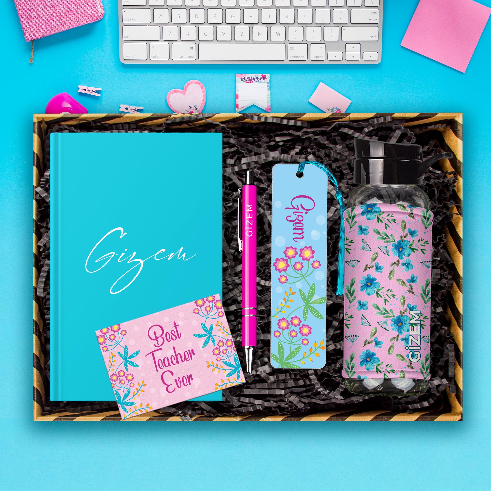 eJOYA Öğretmenlere Özel Tasarım Defter & Kalem & Matara & Akrilik Kitap Ayracı Hediye Kutusu 114409