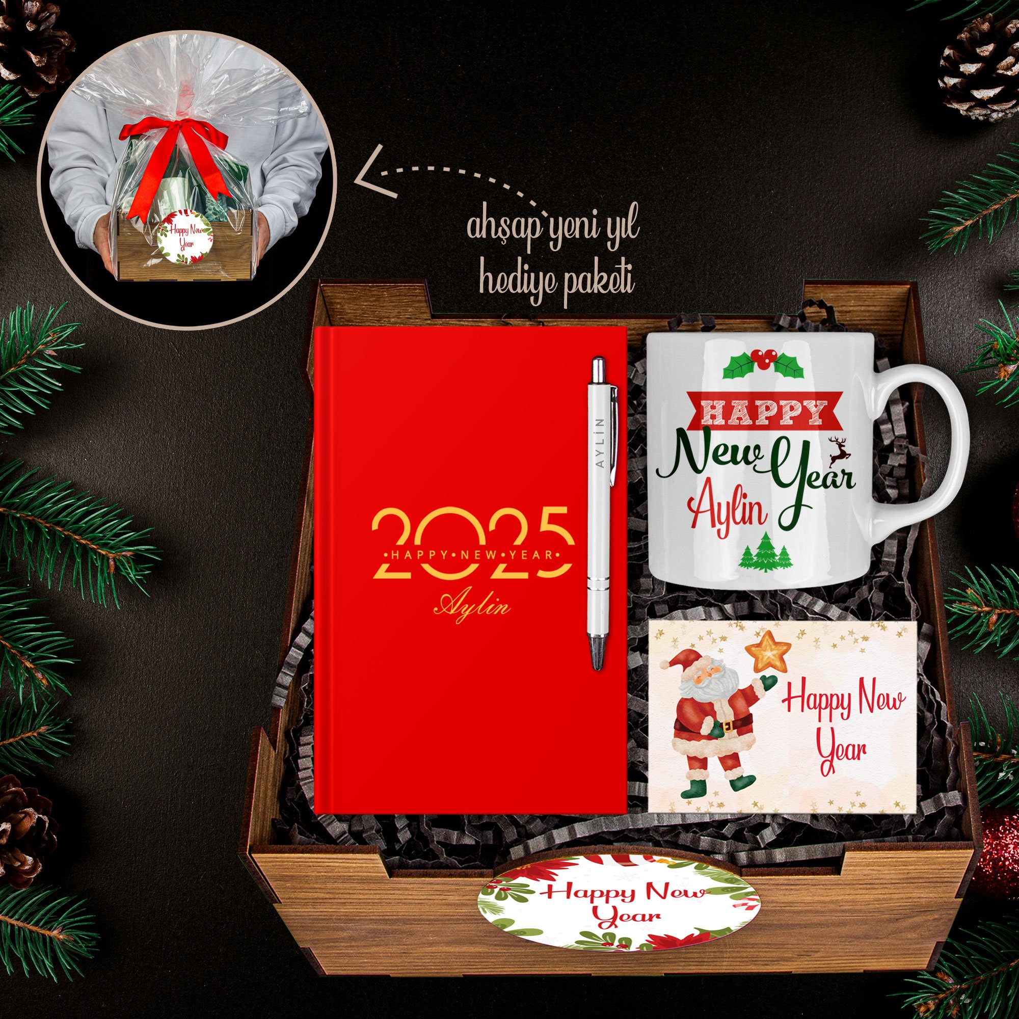 eJOYA Yeni Yıla Özel Defter Ve Kalem & Kupa & Ahşap Hediye Sepeti 114413