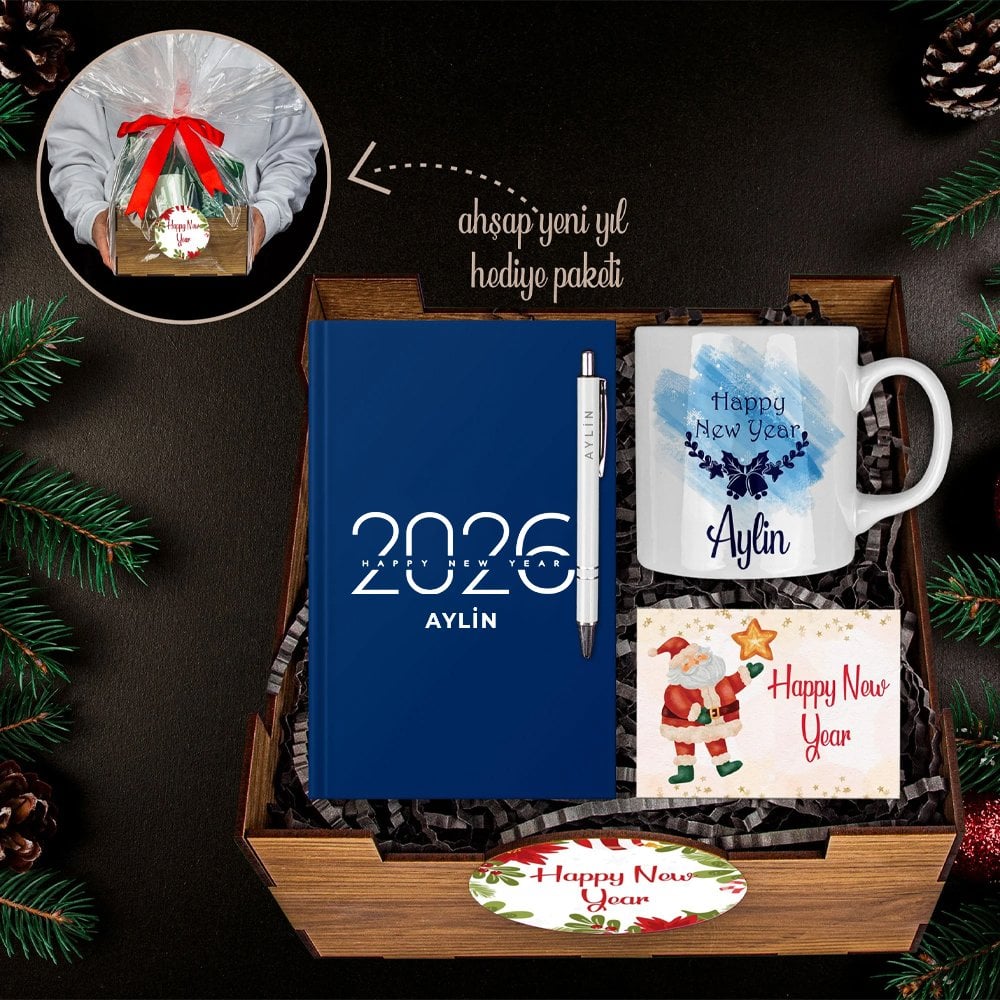 eJOYA Yeni Yıla Özel Defter Ve Kalem & Kupa & Ahşap Hediye Sepeti 114416