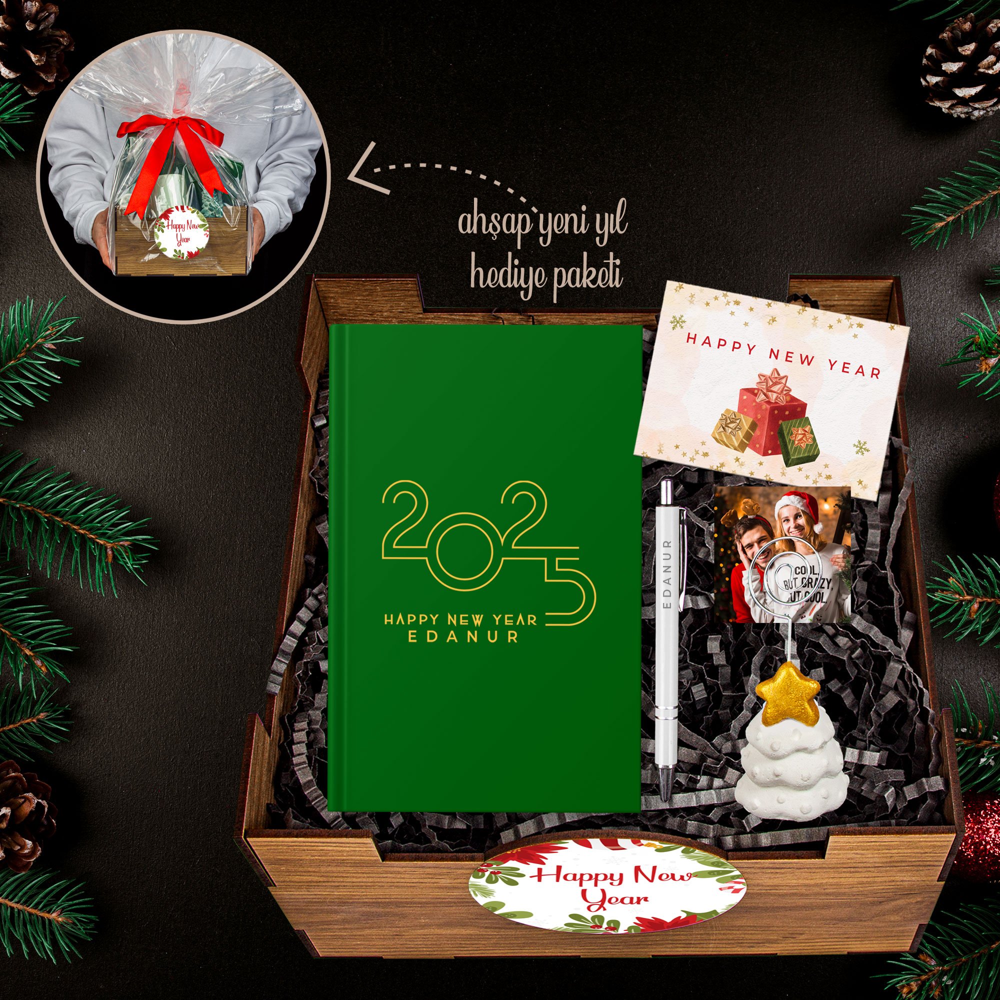 eJOYA Yeni Yıla Özel Defter Ve Kalem & Fotoğraflı Çam Ağacı Notluk & Ahşap Hediye Sepeti 114421