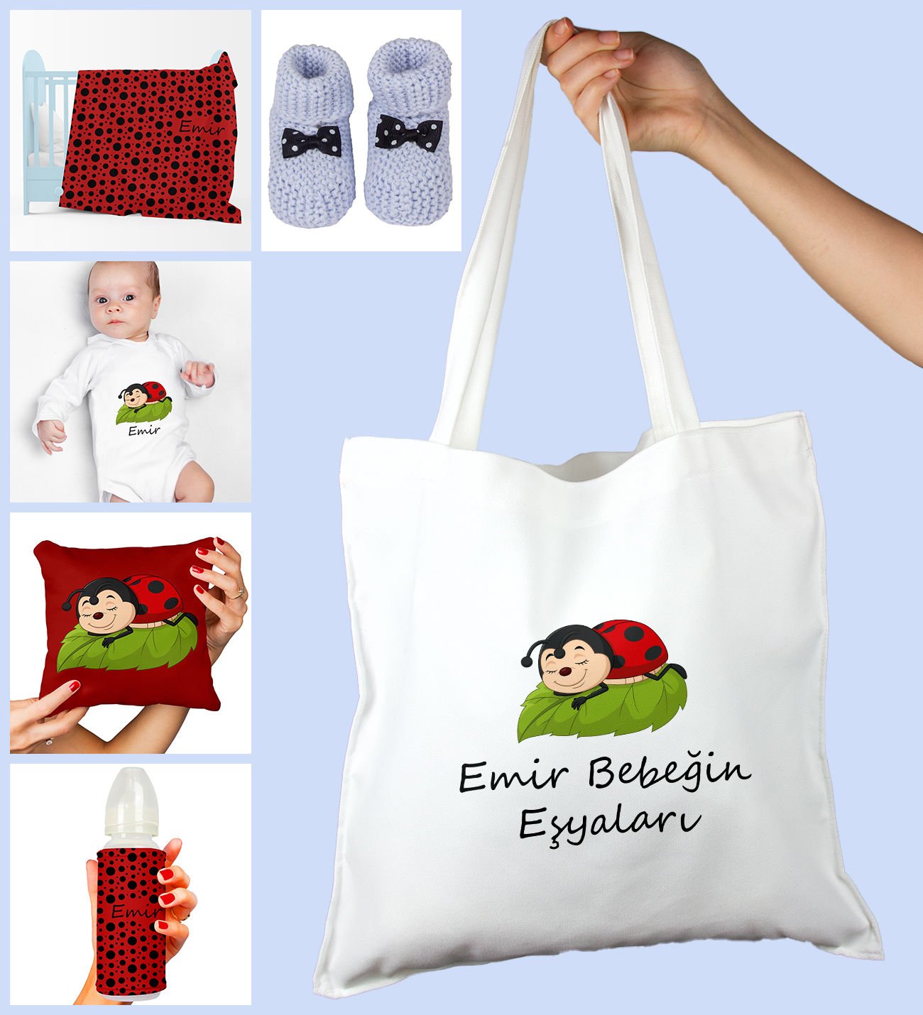 eJOYA Bebeklere Özel Çantasında Kişiye Özel Battaniye Zıbın Biberon Yastık Ve Patik Bebek Hediye Seti 109951