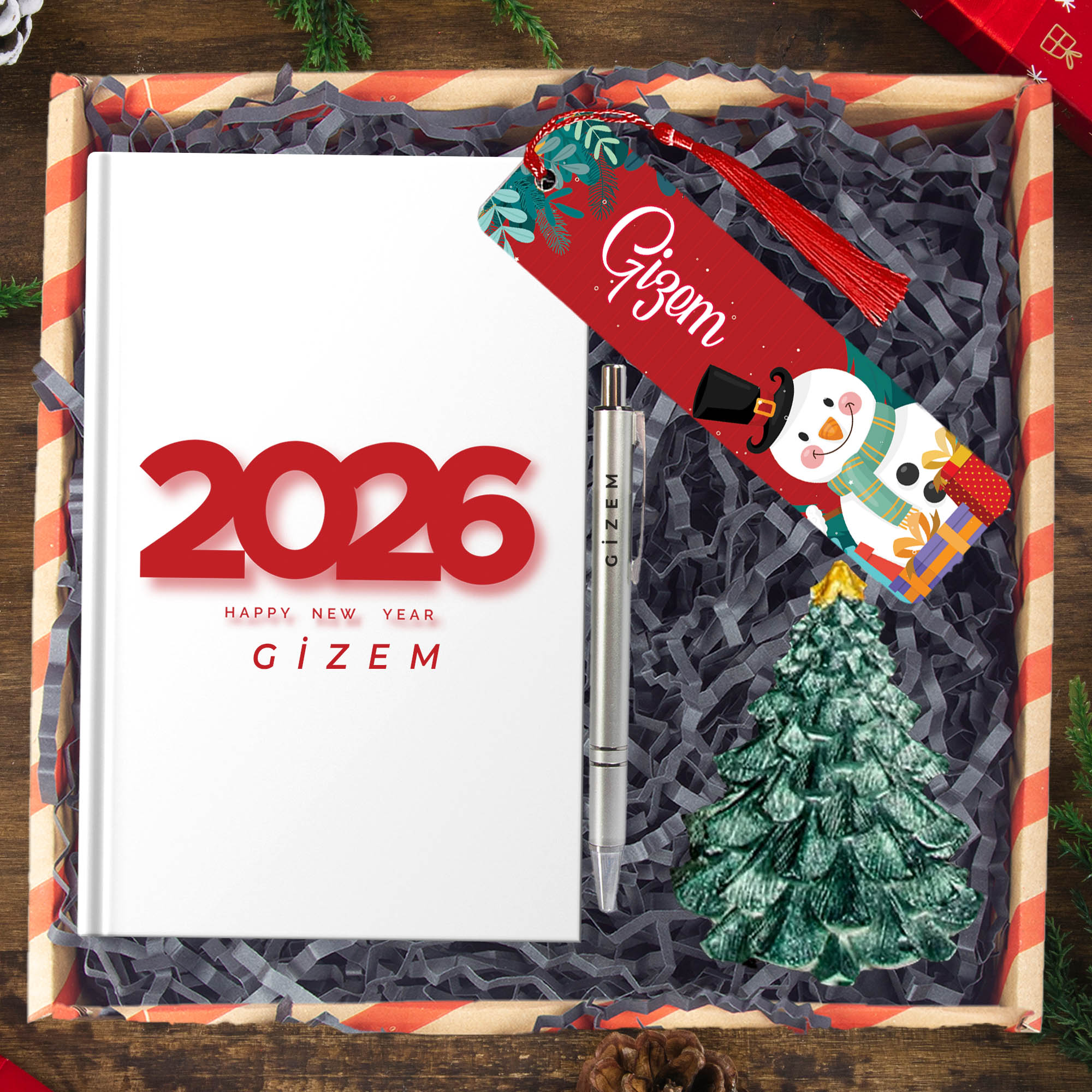 eJOYA Yeni Yıla Özel Defter Ve Kalem & Çam Ağacı Biblo & Kitap Ayracı & Hediye Kutusu 114425
