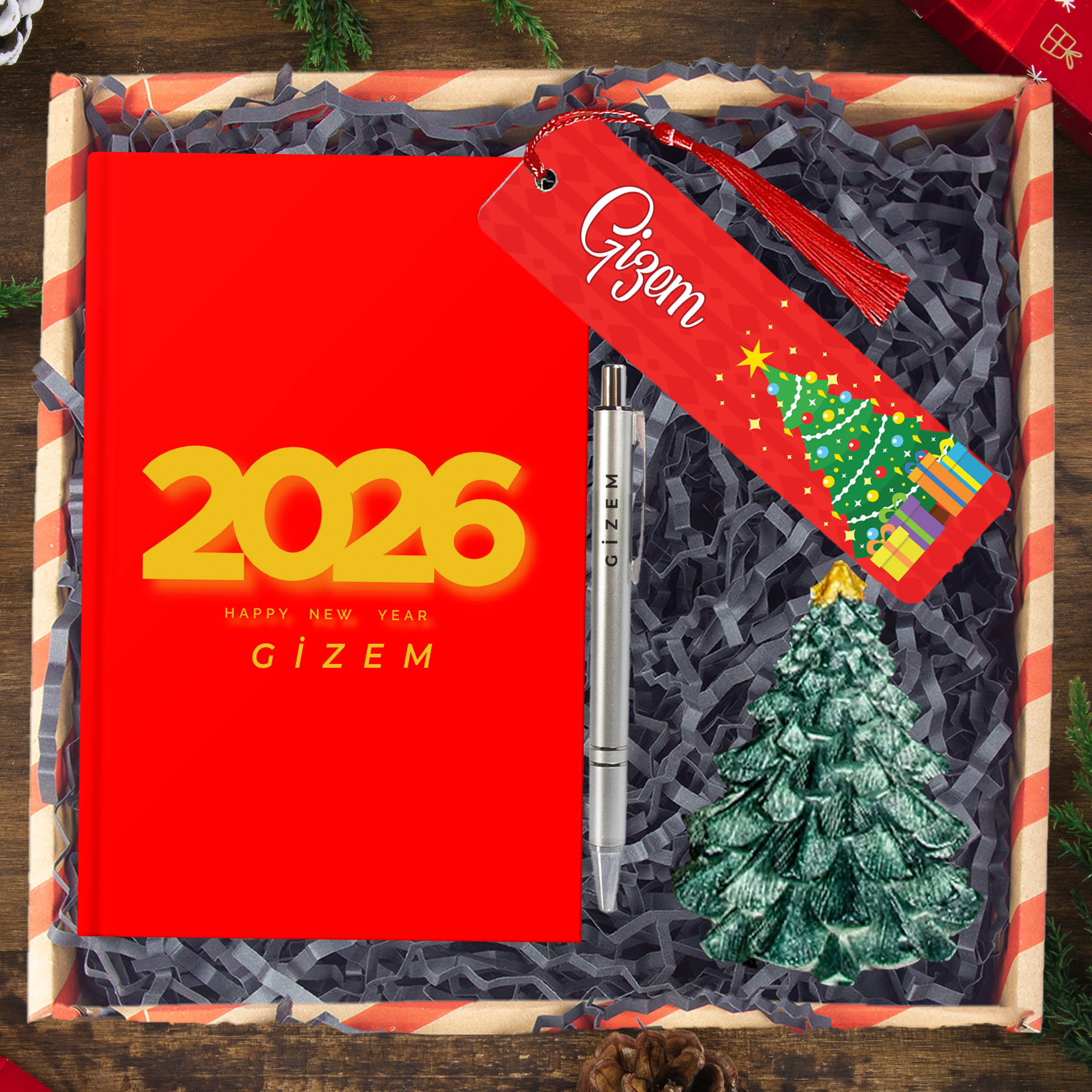 eJOYA Yeni Yıla Özel Defter Ve Kalem & Çam Ağacı Biblo & Kitap Ayracı & Hediye Kutusu 114427
