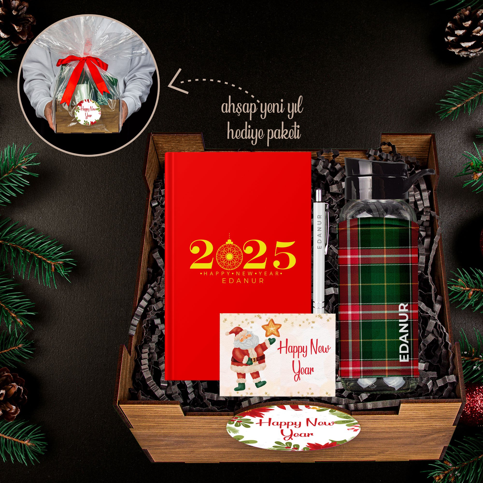 eJOYA Yeni Yıla Özel Defter Ve Kalem & Matara & Ahşap Hediye Sepeti 114435