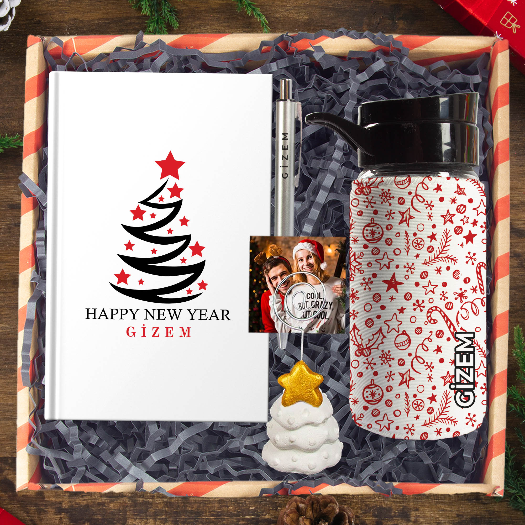 eJOYA Yeni Yıla Özel Defter Ve Kalem & Matara & Çam Ağacı Notluk & Hediye Kutusu 114441