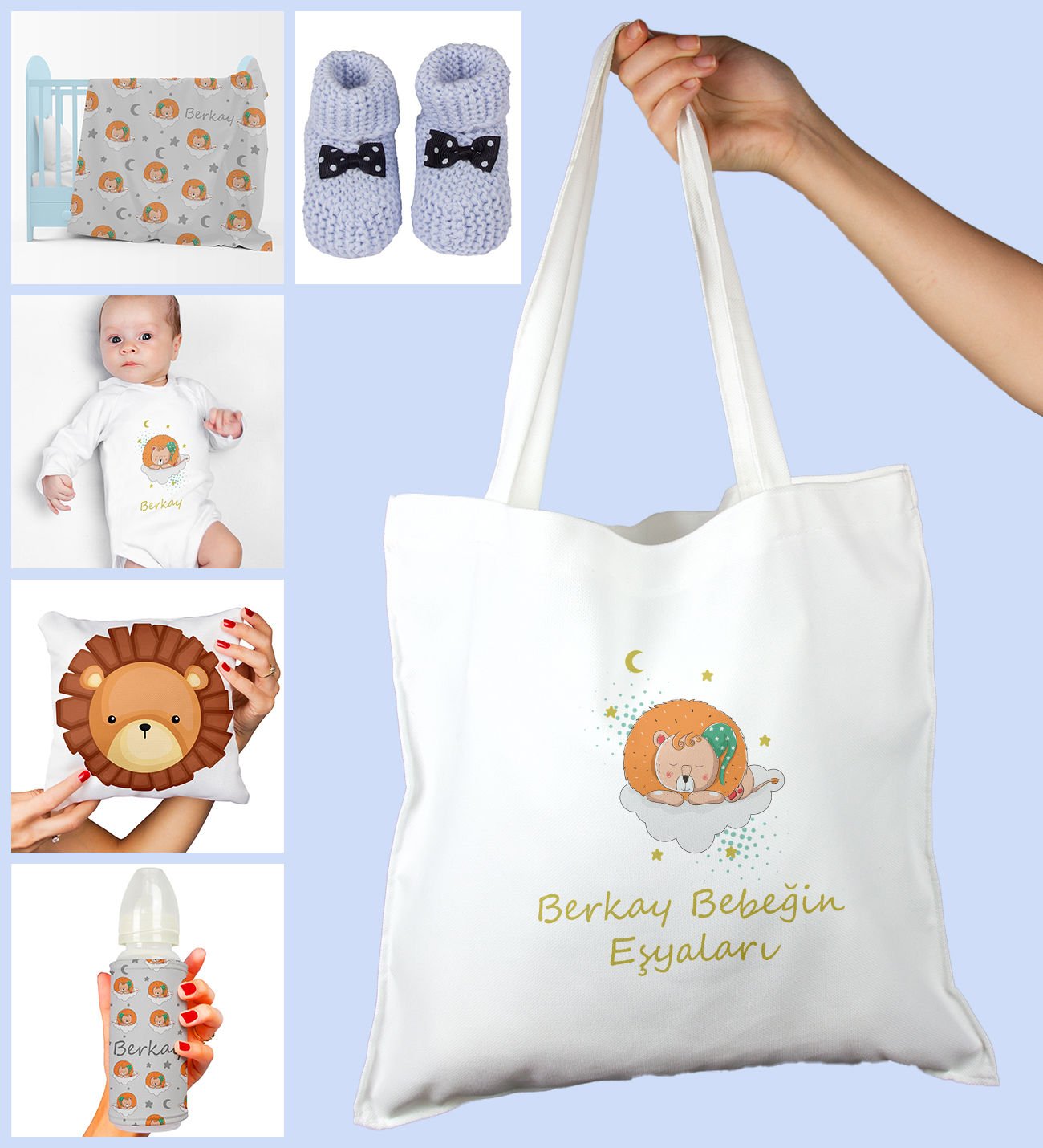 eJOYA Bebeklere Özel Çantasında Kişiye Özel Battaniye Zıbın Biberon Yastık Ve Patik Bebek Hediye Seti 109971