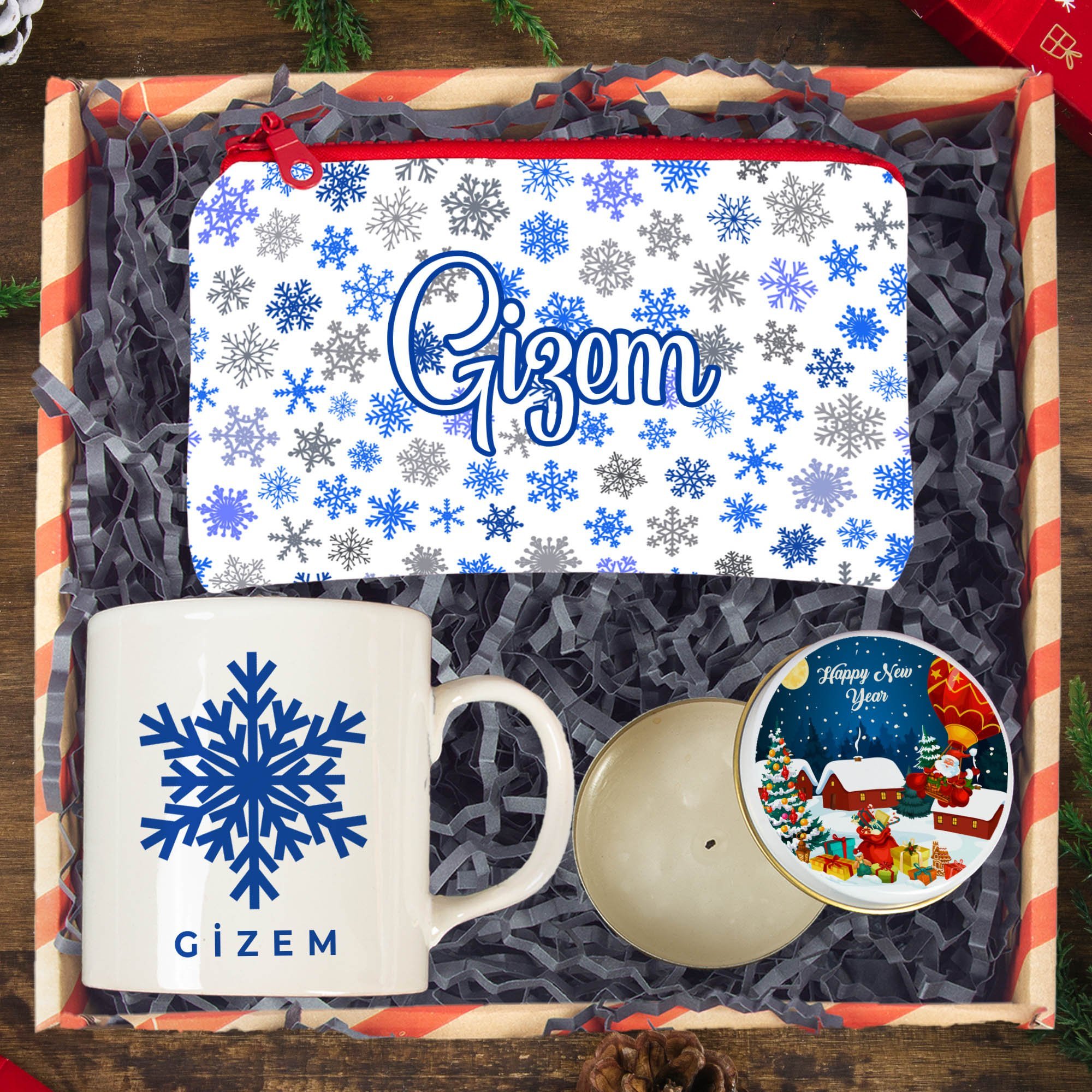 eJOYA Yeni Yıl Kişiye Özel  Tasarım Kupa & Makyaj Çantası & Mum Hediye Kutusu 116223