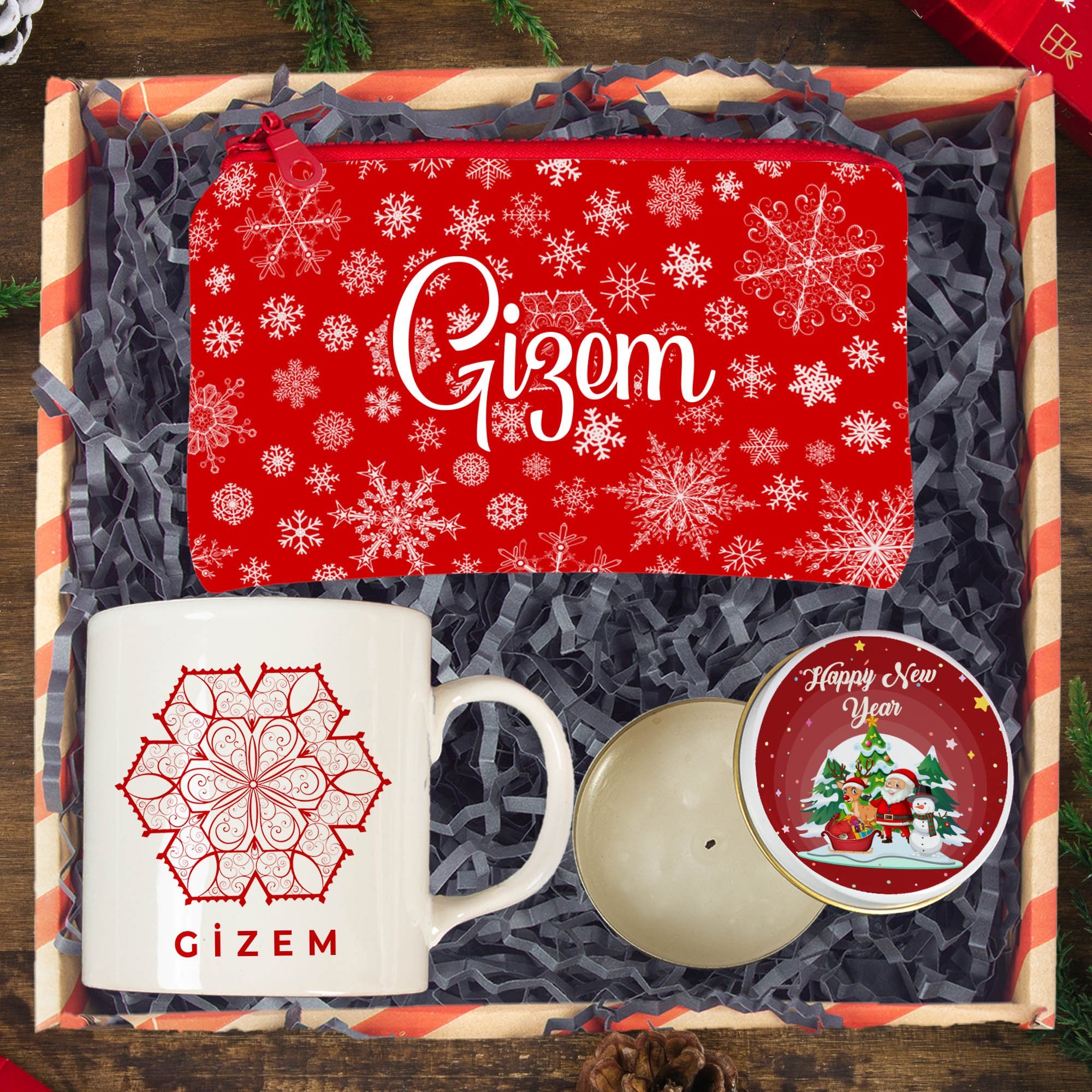 eJOYA Yeni Yıl Kişiye Özel  Tasarım Kupa & Makyaj Çantası & Mum Hediye Kutusu 116224