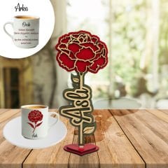 eJOYA Kişiye Özel İsimli Doğum Ayı Çiçeği Ahşap Biblo ve Türk Kahvesi Fincanı - Ocak Karanfil 115229
