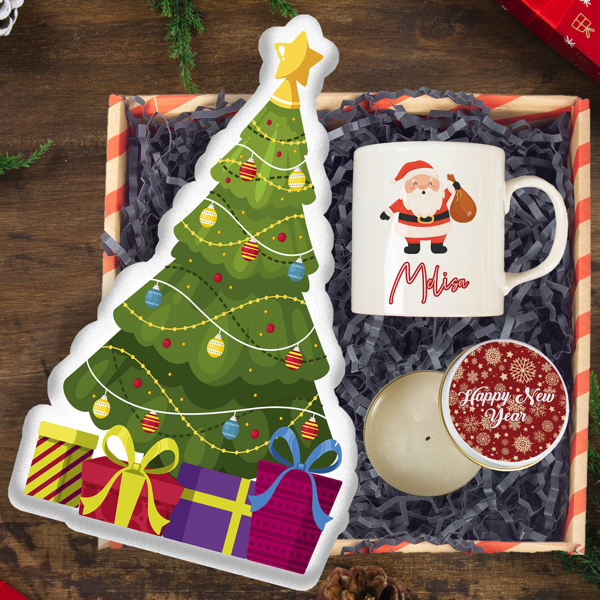 eJOYA Çam Ağacı Yastık & Kişiye Özel Kupa Bardak & Yılbaşı Mumu Yeni Yıl Hediye Kutusu 114459
