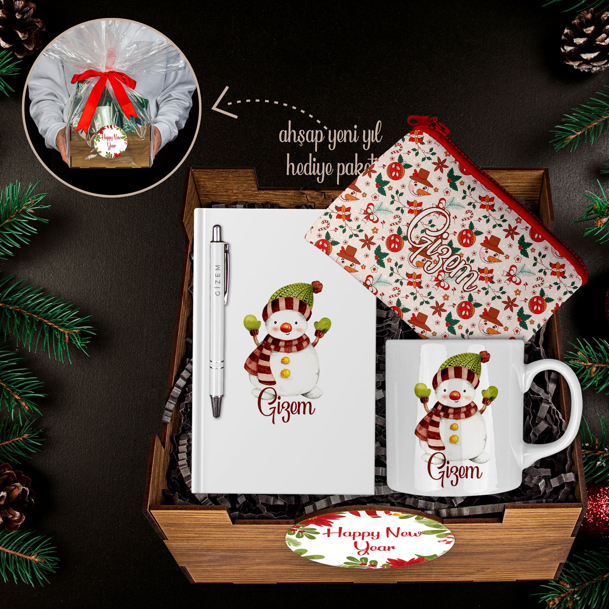 eJOYA Yeni Yıla Özel Kupa & Defter & Kalem & Makyaj Çantası & Ahşap Hediye Sepeti 114479