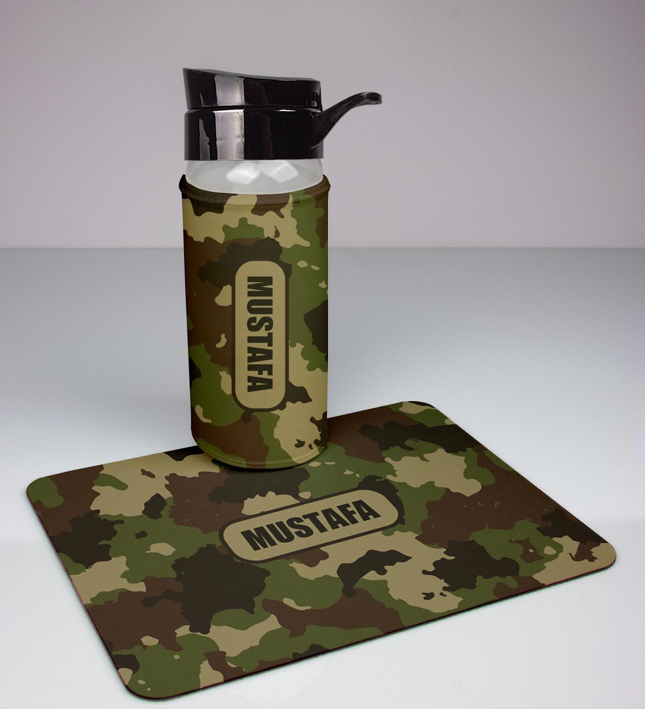 eJOYA Kişiye Özel Kamuflaj Tasarım Cam Matara Ve Mousepad Ofis Hediye Seti 94374