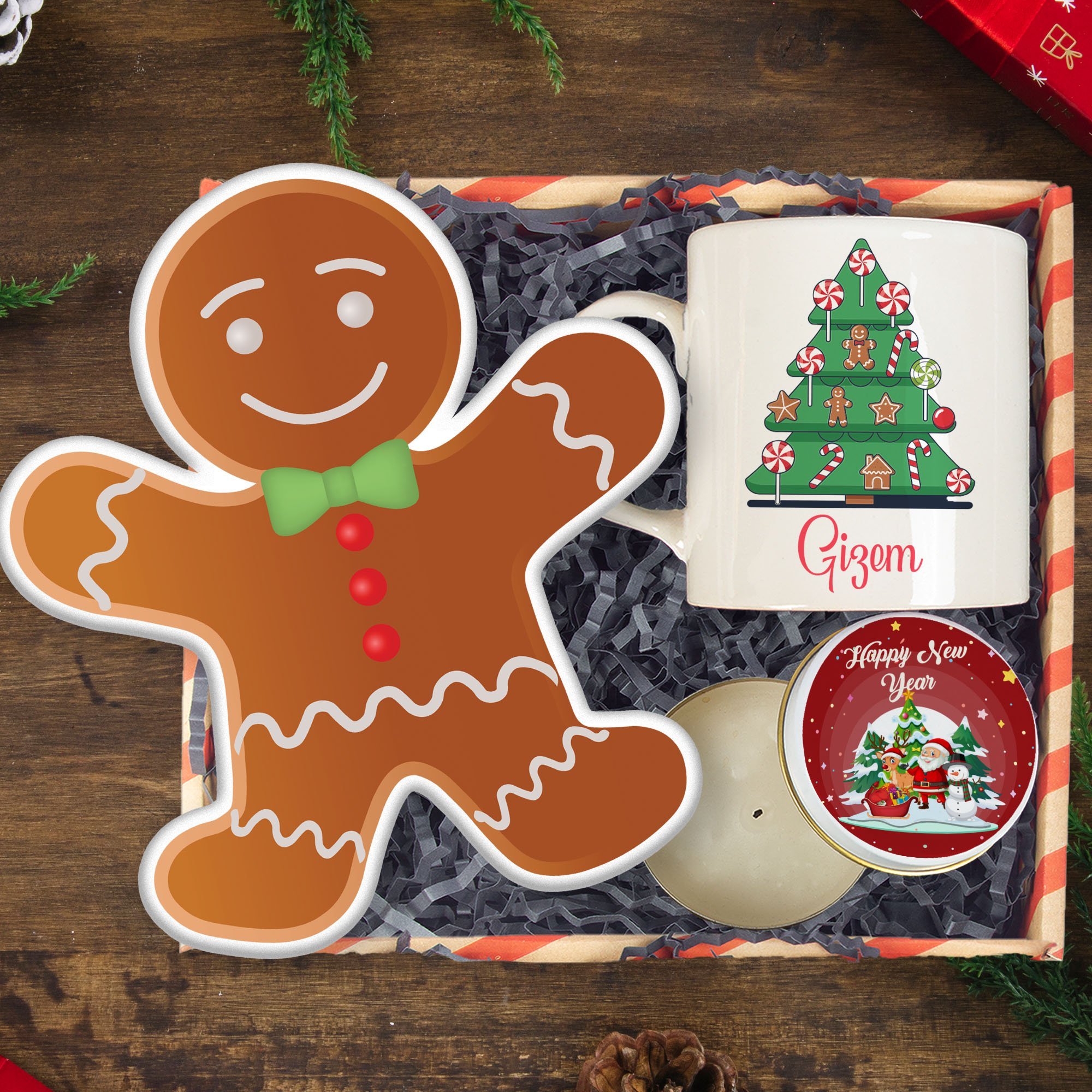 eJOYA Kişiye Özel Kupa Bardak & Yeni Yıl Kurabiyesi Yastık & Yılbaşı Mumu Yeni Yıl Hediye Kutusu 116238