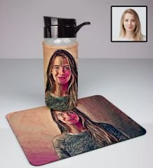 eJOYA Kişiye Özel Karikatür Tasarım Cam Matara Ve Mousepad Ofis Hediye Seti 94398
