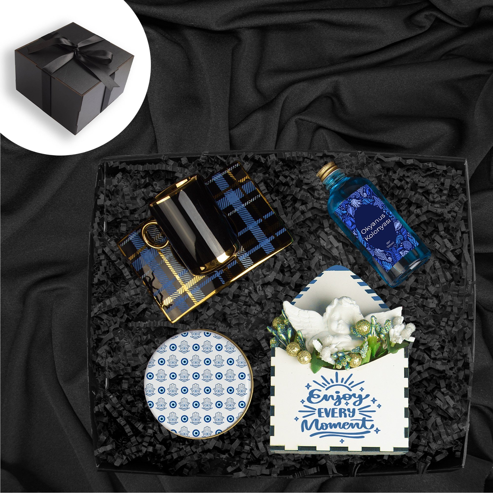 eJOYA Ahşap Kutusunda Türk Kahvesi Fincanı Kişiye Özel Mum Kolonya ve Melek Biblo Hediye Seti 116029