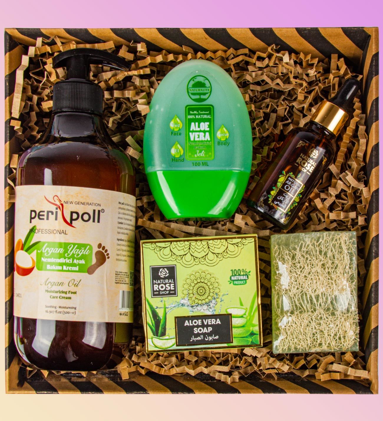 eJOYA Doğal Sabun & Aloe-vera Gel & Peripol Ayak Argan Bakım Yağı & Lifli Sabun & Argan Yağı Kozmetik Hediye Kutusu 110926