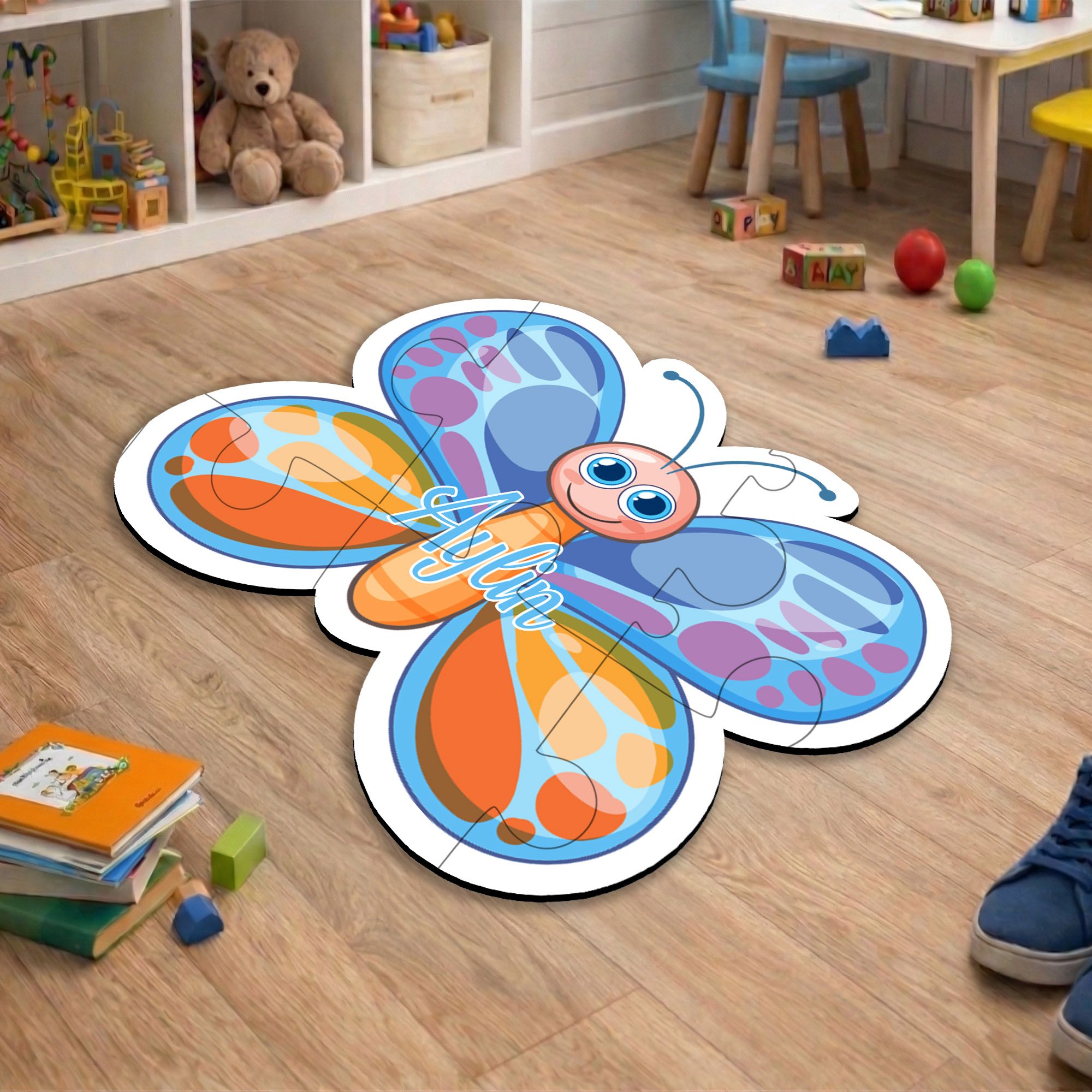 eJOYA Kişiye Özel Mavi Kelebek Puzzle Keçe Halı 116274