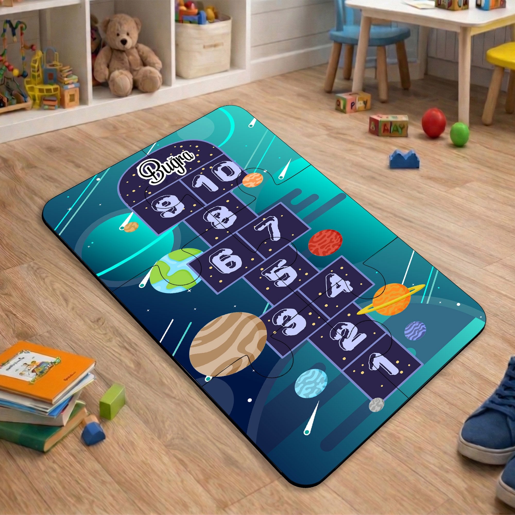 eJOYA Kişiye Özel Uzay Temalı Seksek Tasarımlı Puzzle Keçe Halı 116277