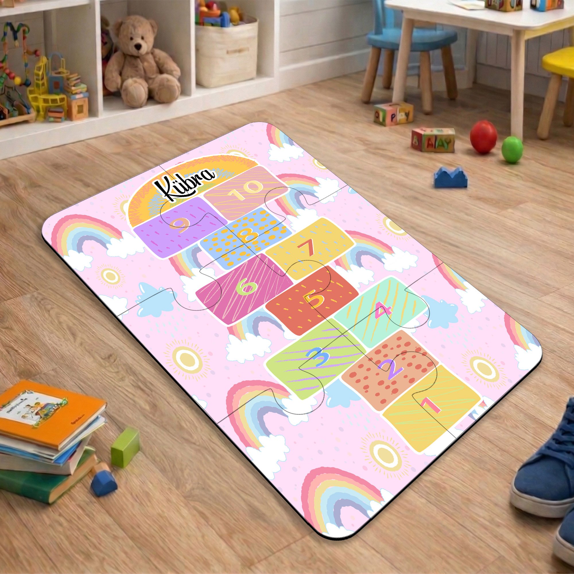eJOYA Kişiye Özel Gökkuşağı Temalı Seksek Tasarımlı Puzzle Keçe Halı 116278